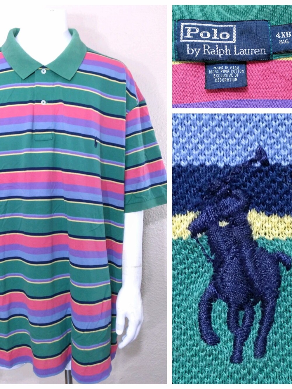 POLO RALPH LAUREN 4XB Multicolor BLUE PONY 4XL BIG & TALL XXXXL Vintage Vtg 00s